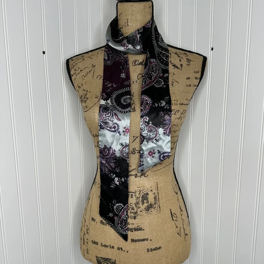 Womens‎ Skinny Scarf Paisley Floral Black Silver Purple Satin Necktie Purse Hair